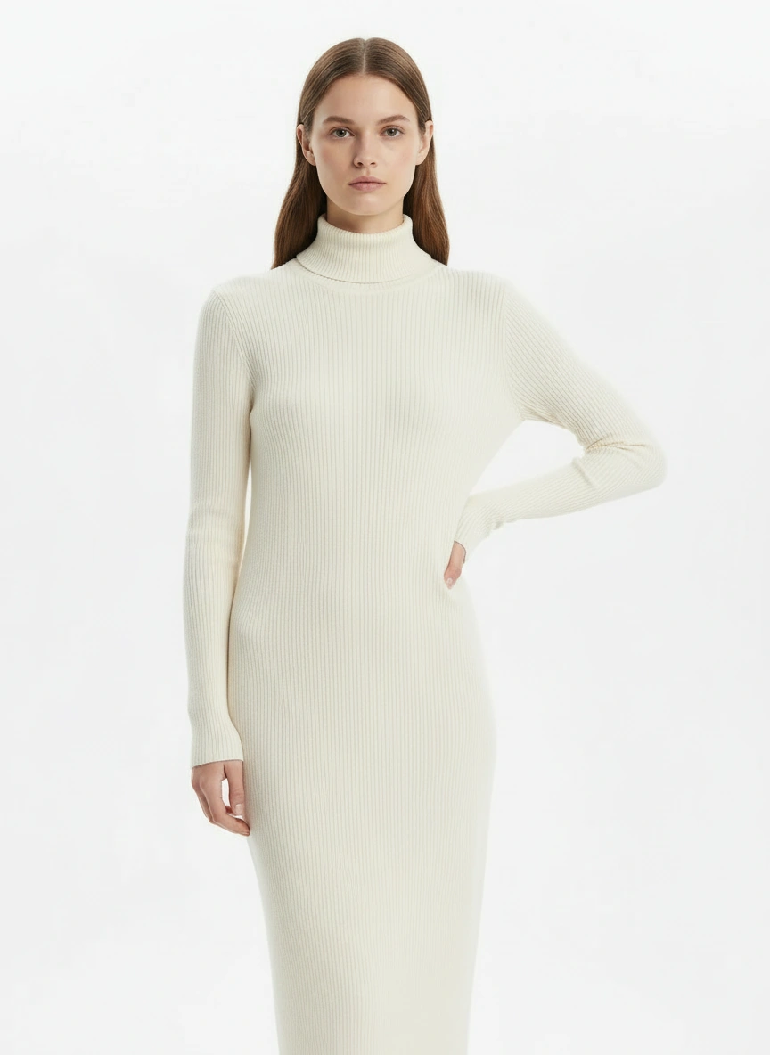 turtle neck creamy white long sleeve dress
