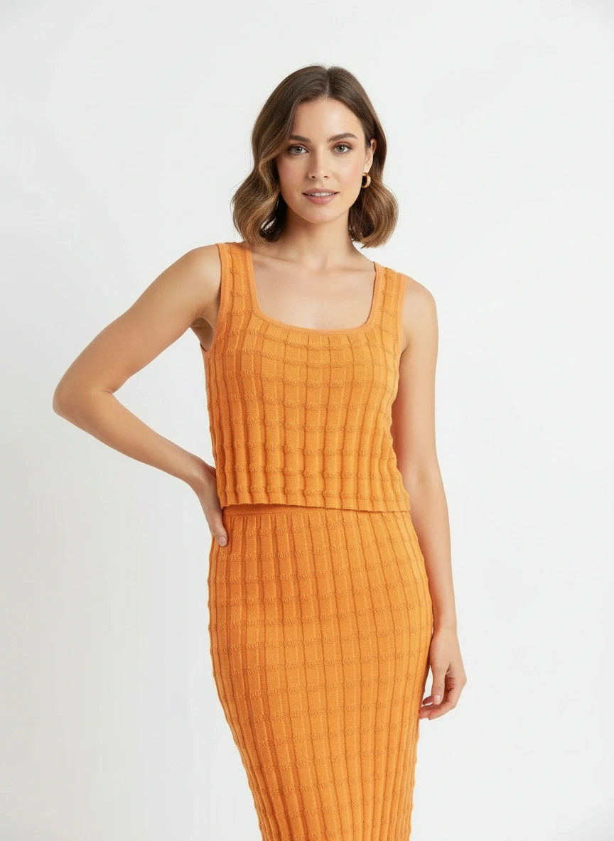 orange square neck sleeveless top and fit midi dress