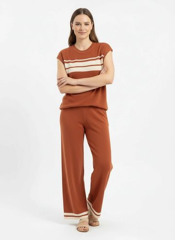 dark orange sleeveless vest and wide leg pant