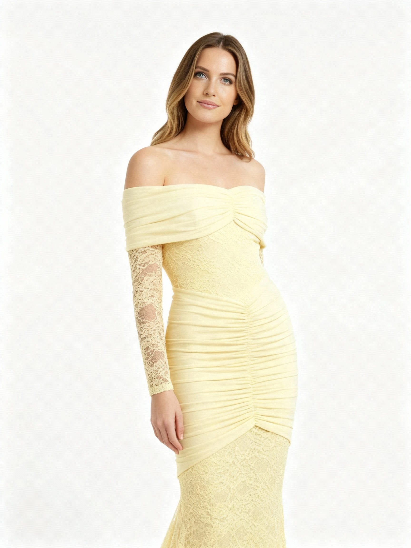 Unforgettable yellow off-shoulder lace maxi dress