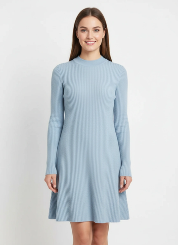 light blue round neck flare short sweater dress