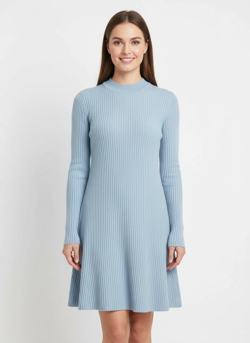 light blue round neck flare short sweater dress