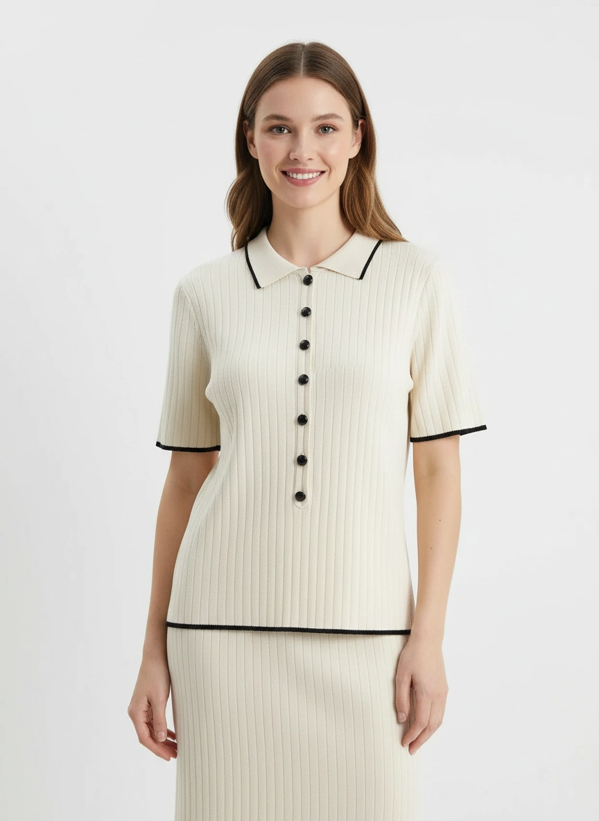 creamy white short sleeve collared shirt and midi skirt set