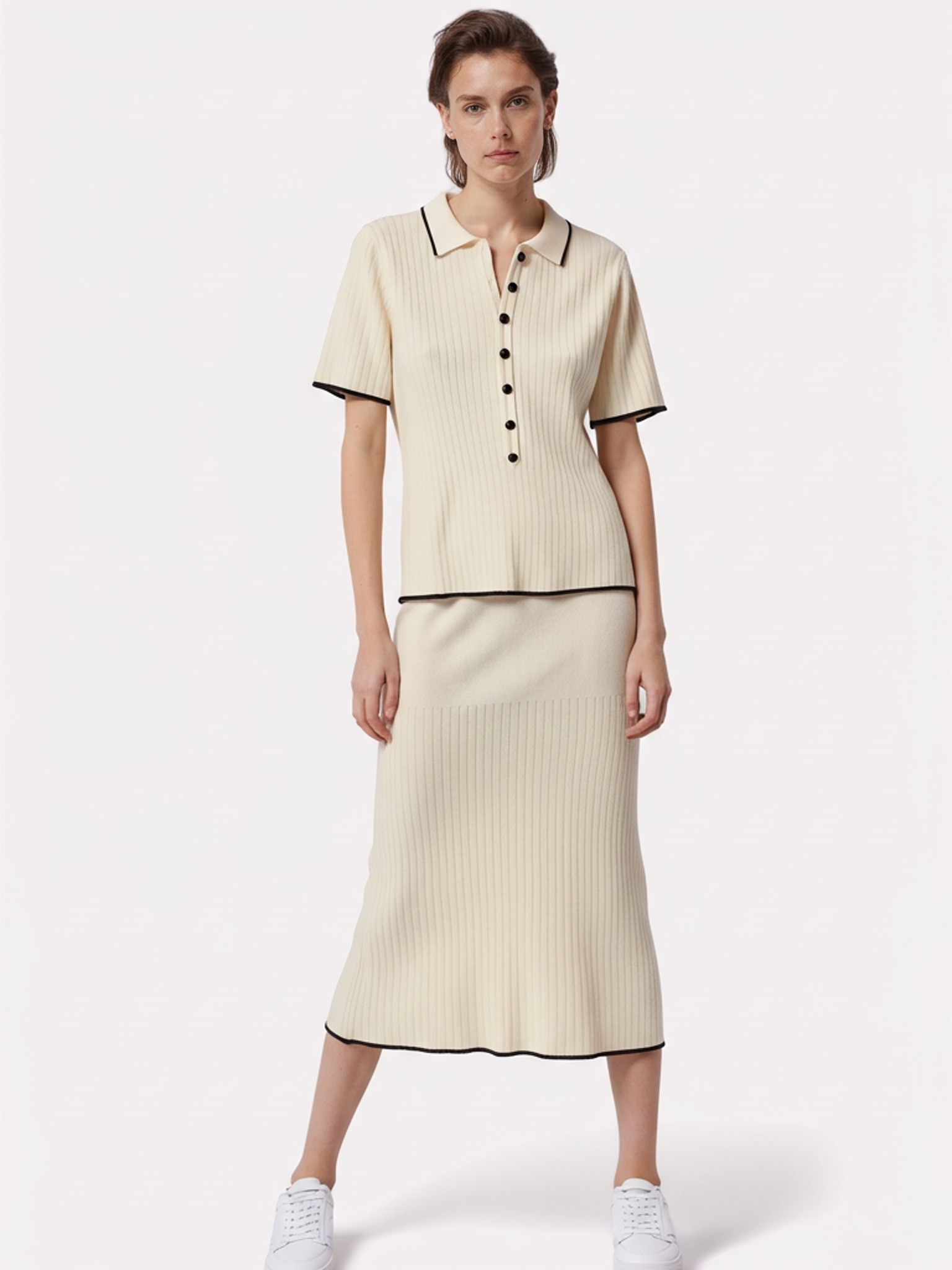 creamy white short sleeve collared shirt and midi skirt set