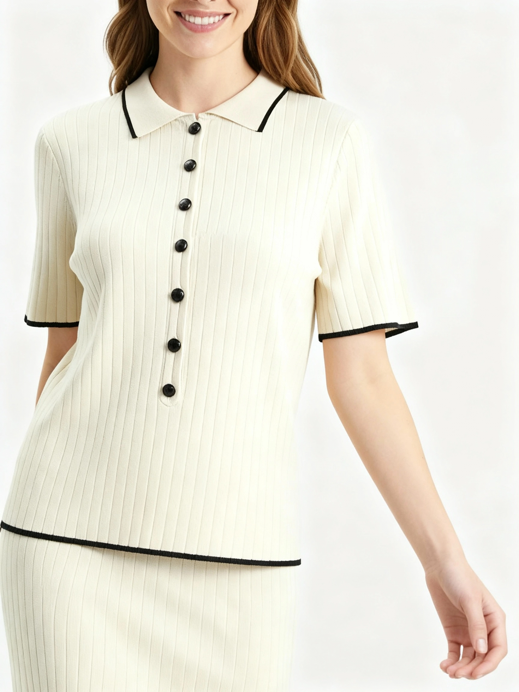 creamy white short sleeve collared shirt and midi skirt set